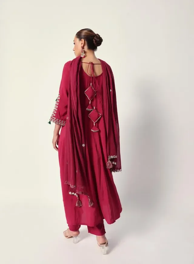 Women's Maroon Silk Embroidered Kurta with Palazzo Set – image 7