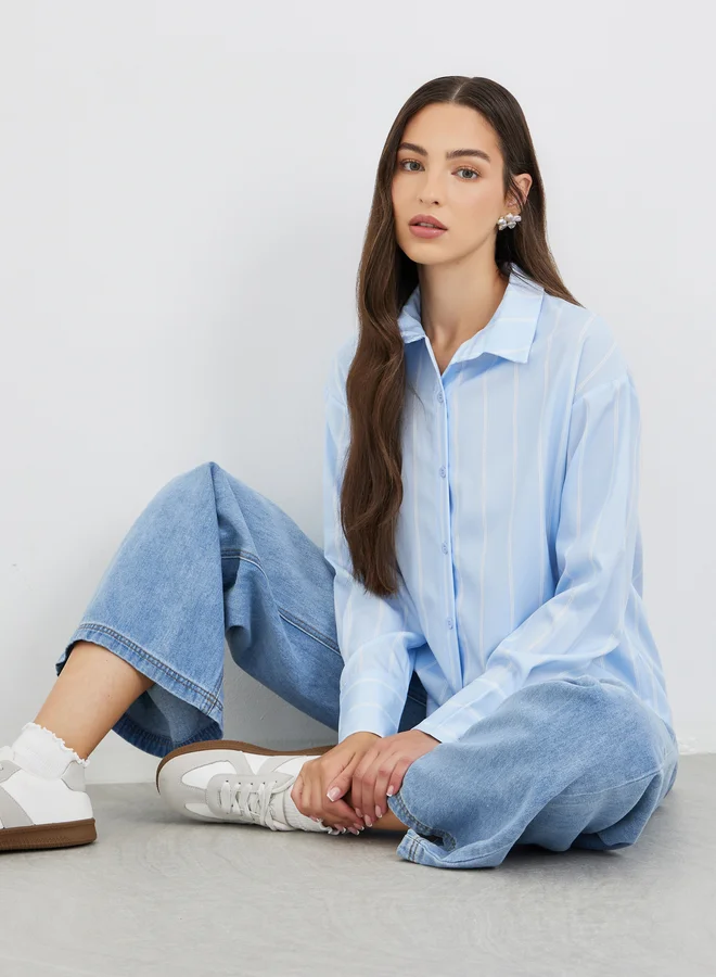 Oversized Striped Spread Collar Shirt Blue