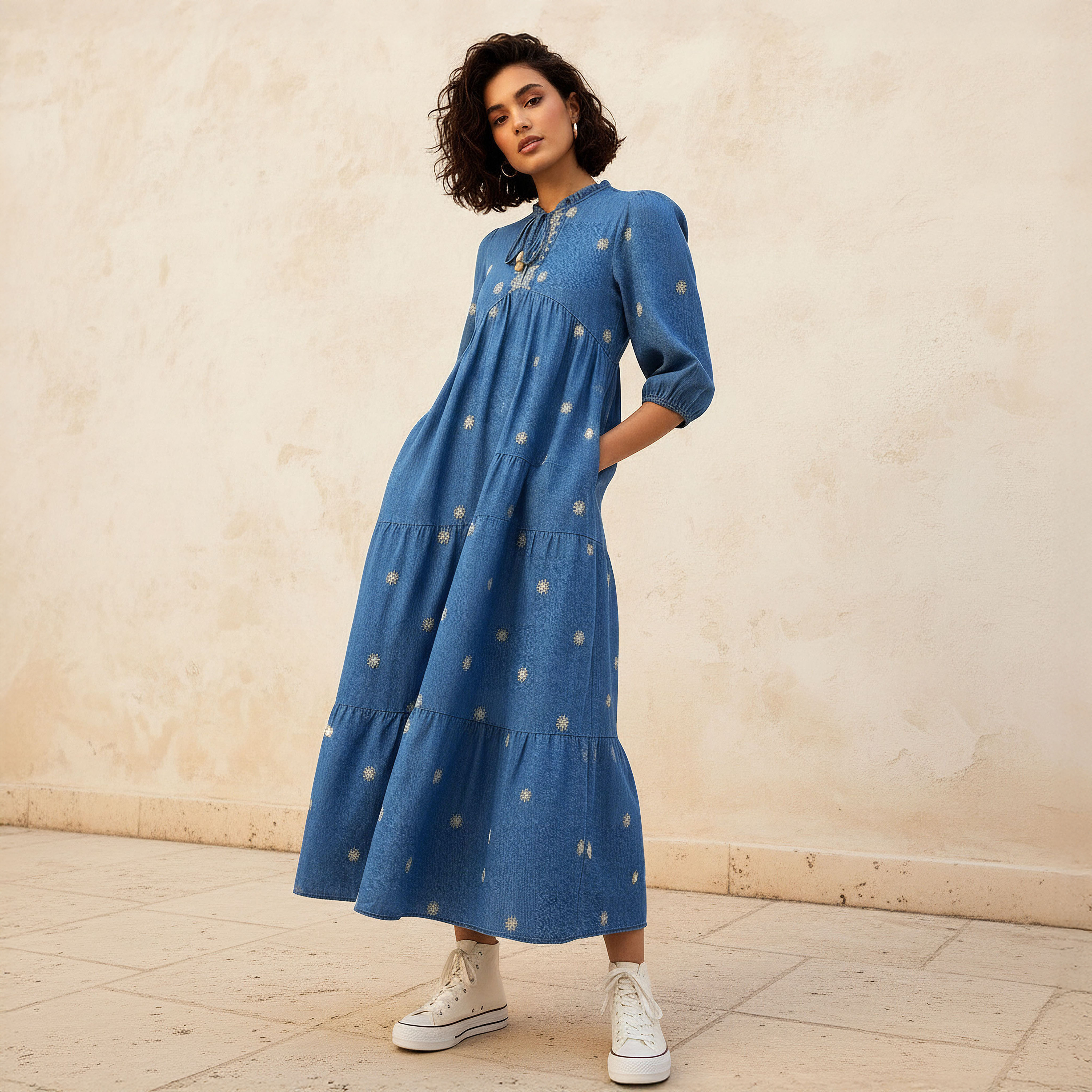 Lee Cooper Embroidered Denim Midi Dress Blue