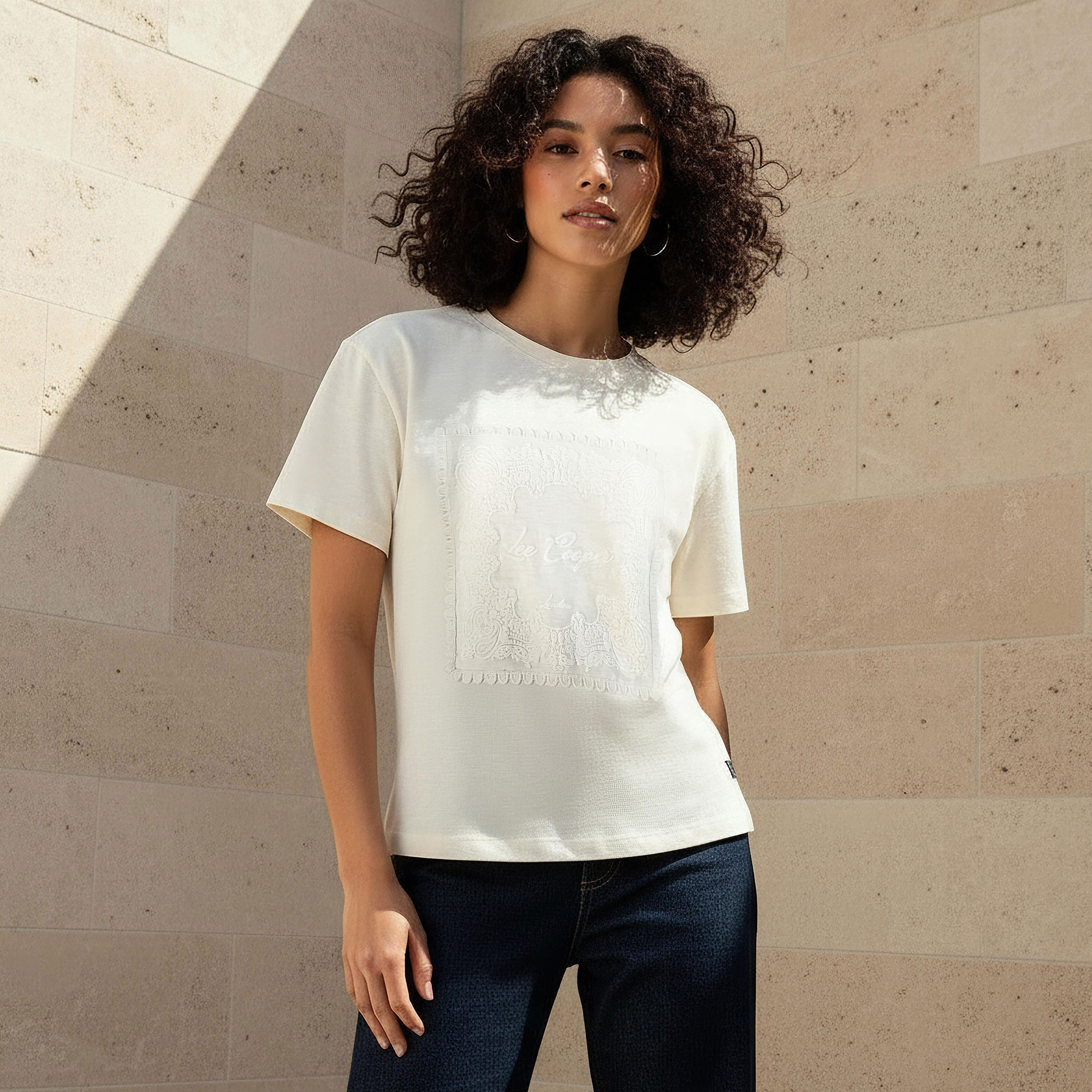 Lee Cooper Embroidered Patch Cotton T-shirt Cream