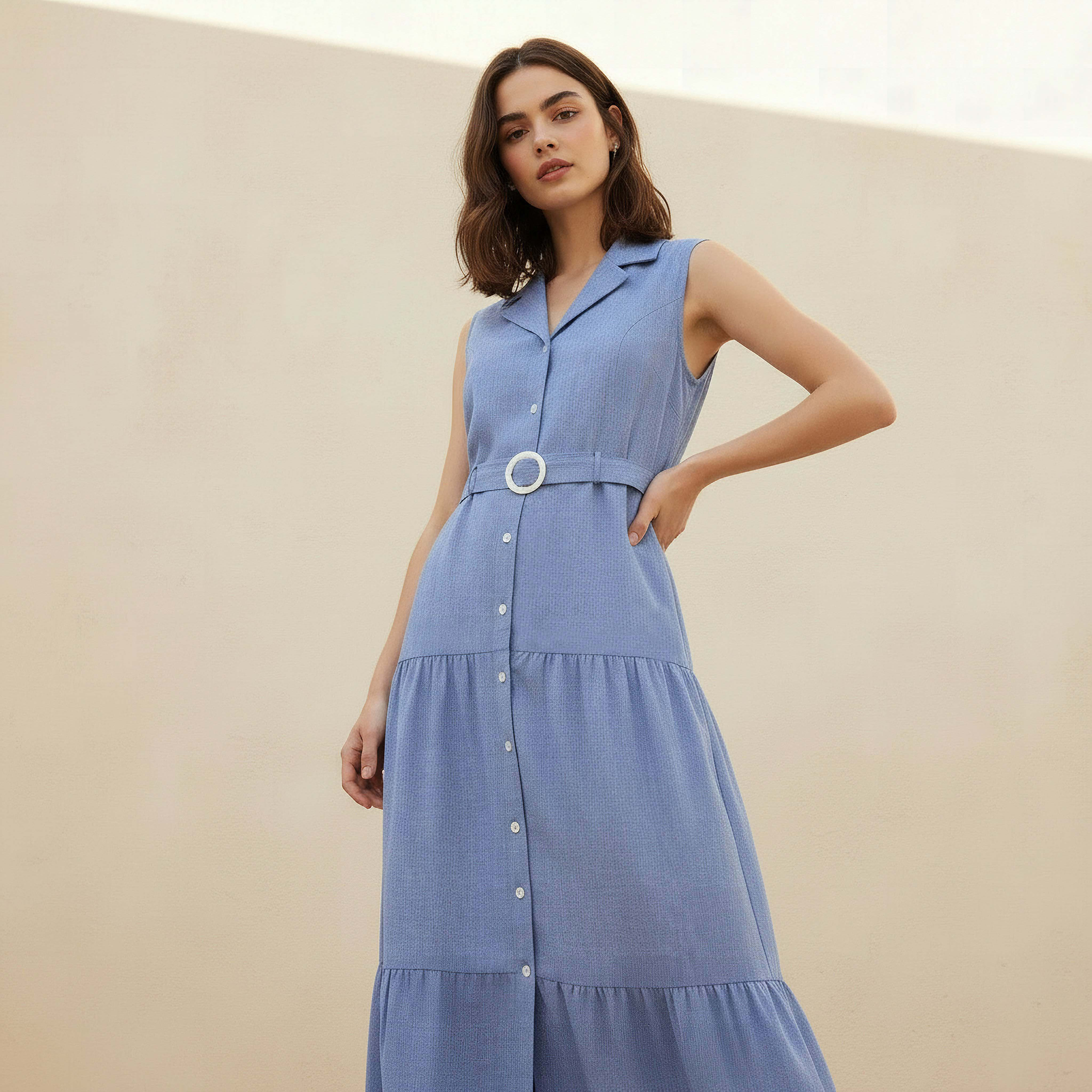 Lee Cooper فستان ماكسي شامبراي بقصة A-line أزرق