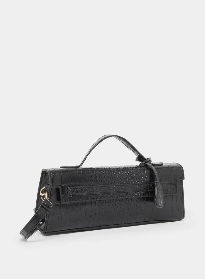 Black Croc Textured Barrel Crossbody Bag with Top Handle