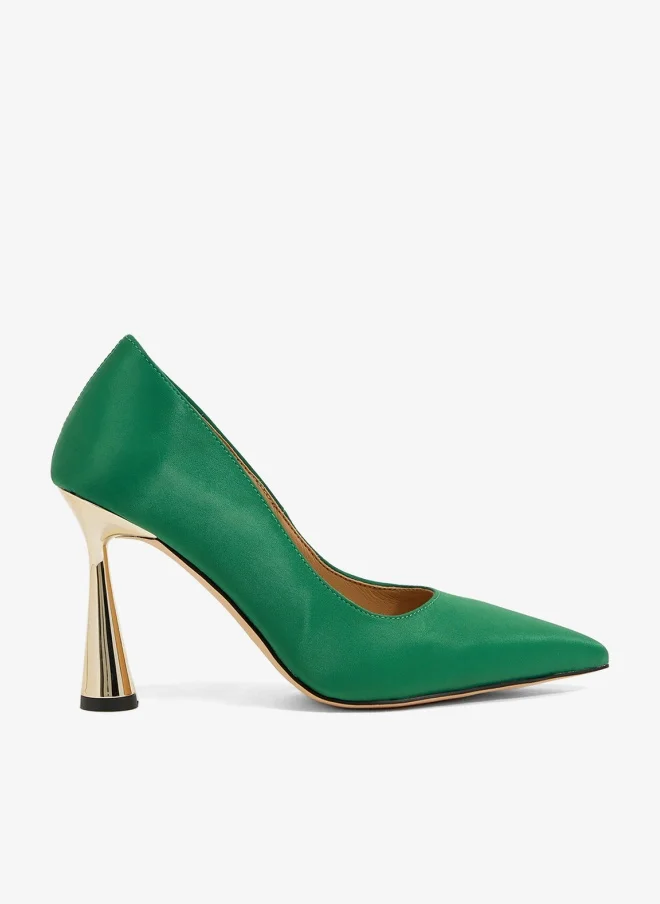 Pointed Toe Satin Pump with Metallic Heel Green