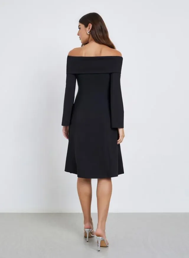Black Off-Shoulder A-Line Midi Dress with Long Sleeves – image 4