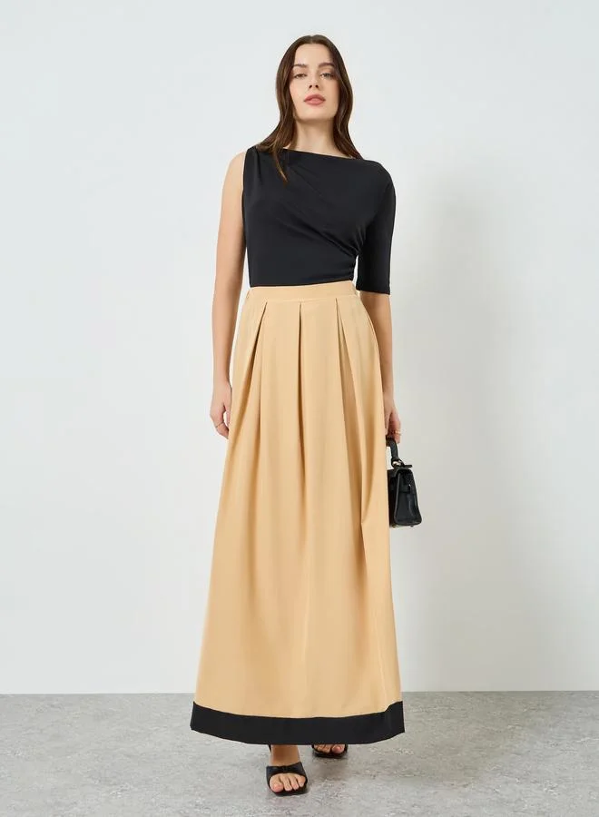 Women's Pleated Ruffled Hem Maxi Skirt Beige