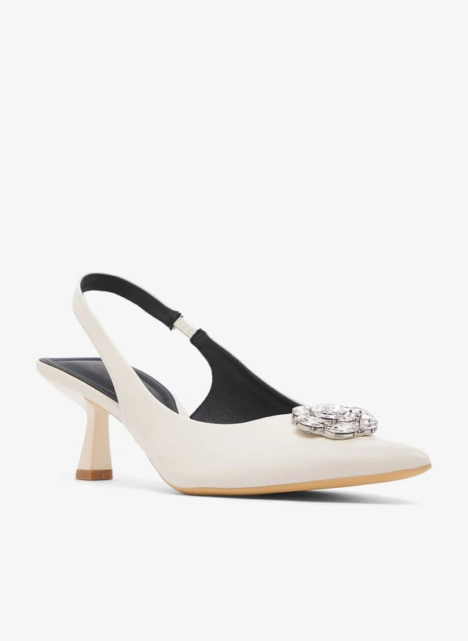 Silver Flower Embellished Mid-Heel Slingback Pumps White
