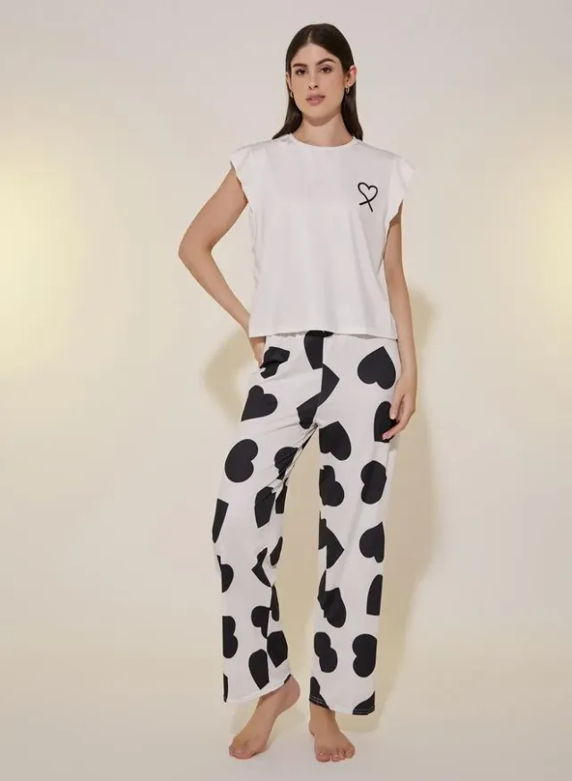 Heart Print Ruffled Pyjama Set White