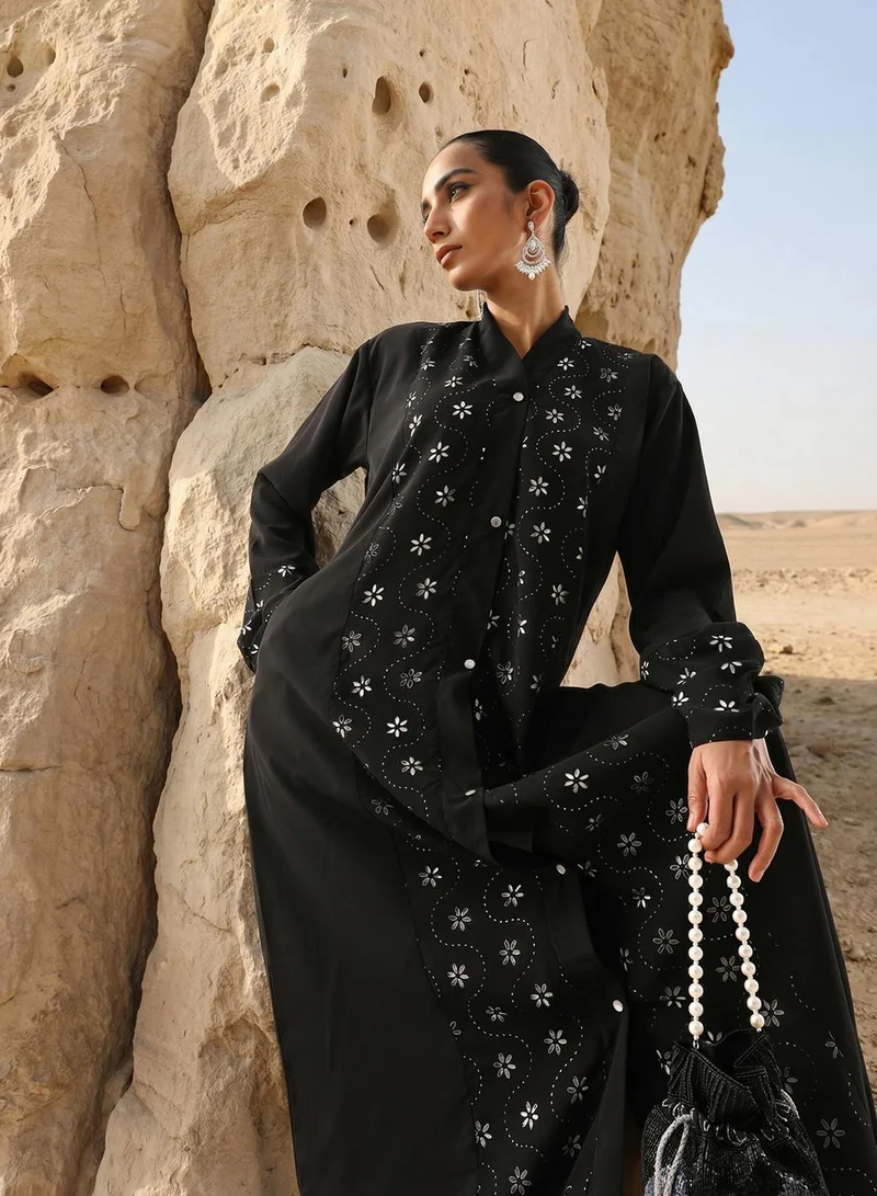 Floral Laser Cut Abaya with Hijab Black