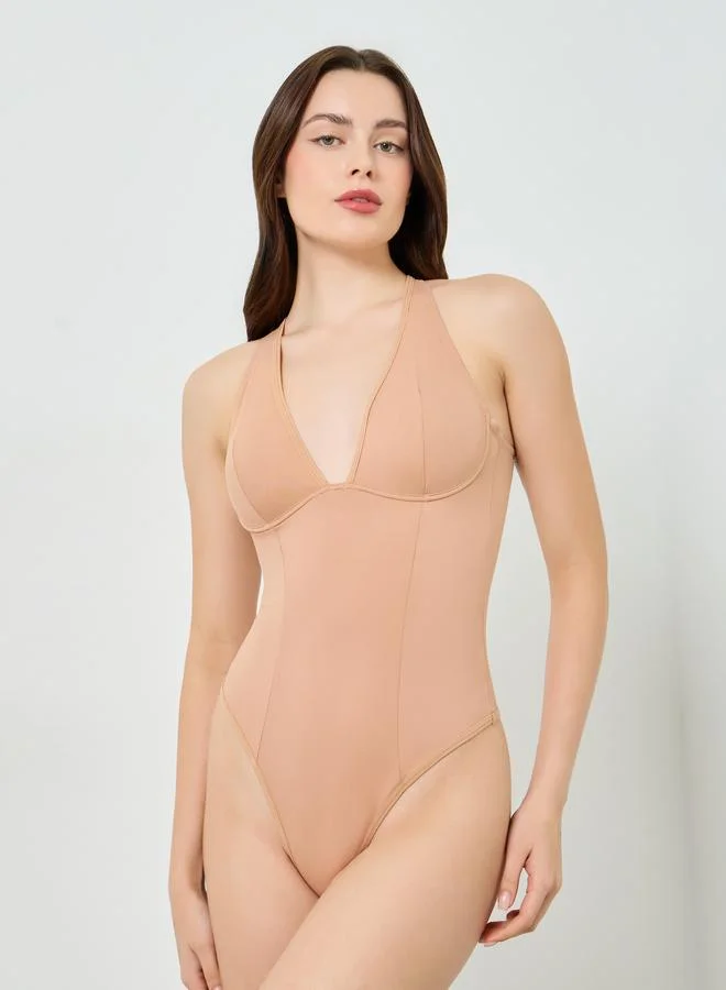 Plunge Neckline Shapewear Bodysuit Pale Khaki