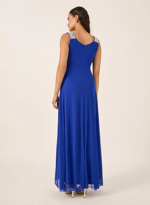 Deep Red Embellished Chiffon Maxi Dress with V Neck and Long Sleeves – image 5