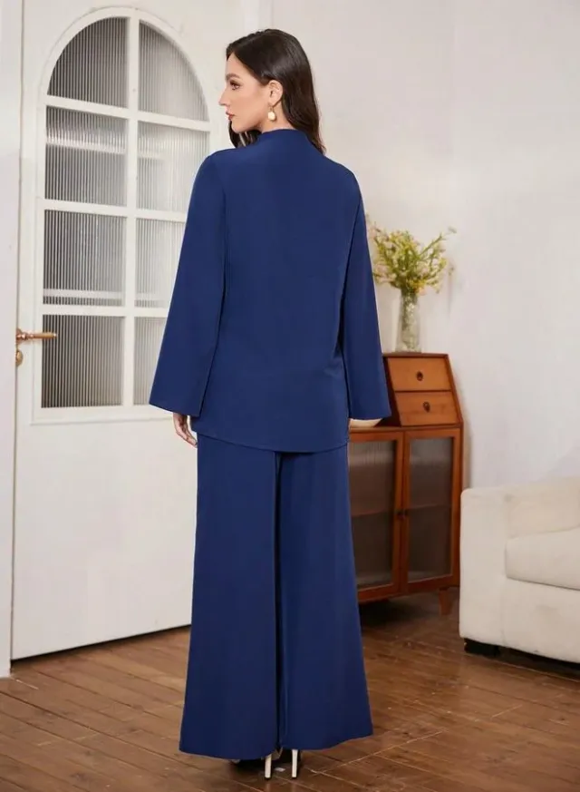 Tie-Neck Ruffle Top & Wide Leg Pants Set Navy Blue – image 2