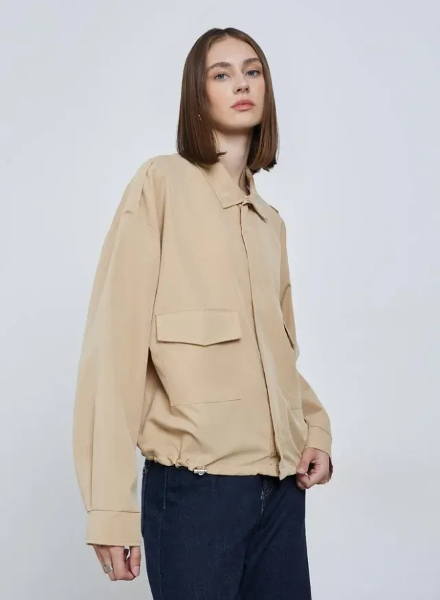 Beige Boxy Fit Utility Jacket with Flap Pocket for Women – image 3