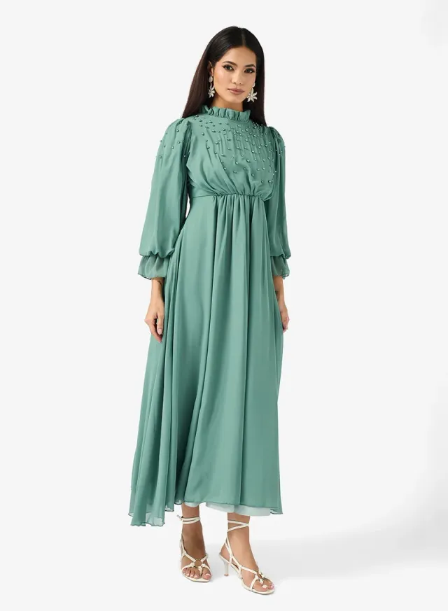 Seafoam Green A-Line Maxi Dress with Beaded Shoulders – image 4