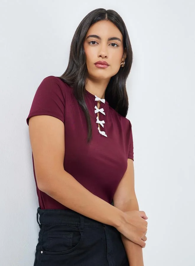 Ribbon Detail Fitted T-Shirt Burgundy