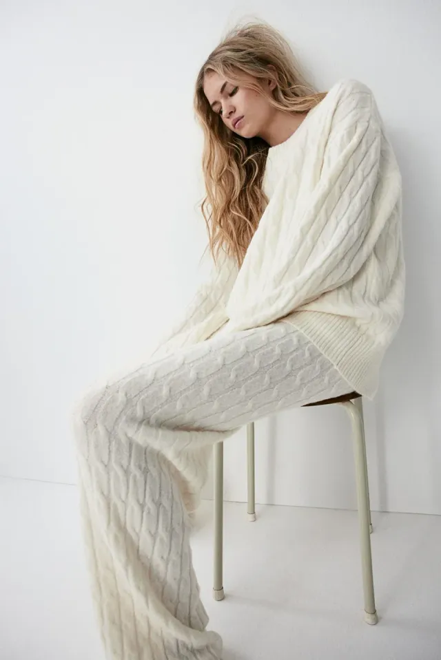 Ivory White Cable Knit Straight Fit Trousers for Women – image 3