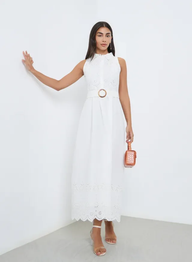 Styli Schiffli Belted Shirt Midi Dress Off-White – image 2