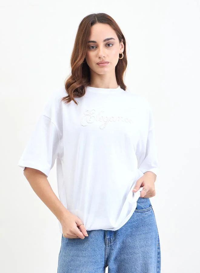 Beaded Slogan Oversized T-Shirt White