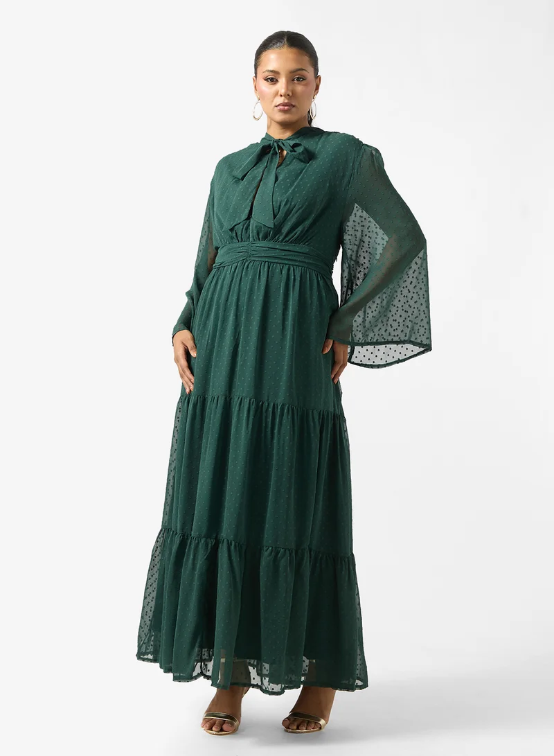 Plus Size Tiered Tie Neck A-Line Dress Dark Green