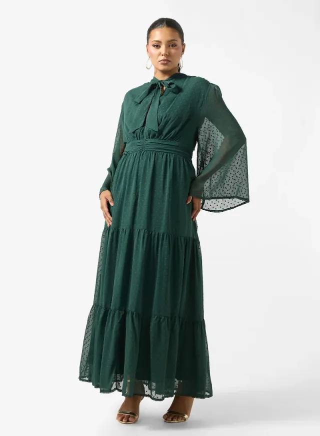 Plus Size Tiered Tie Neck A-Line Dress Dark Green