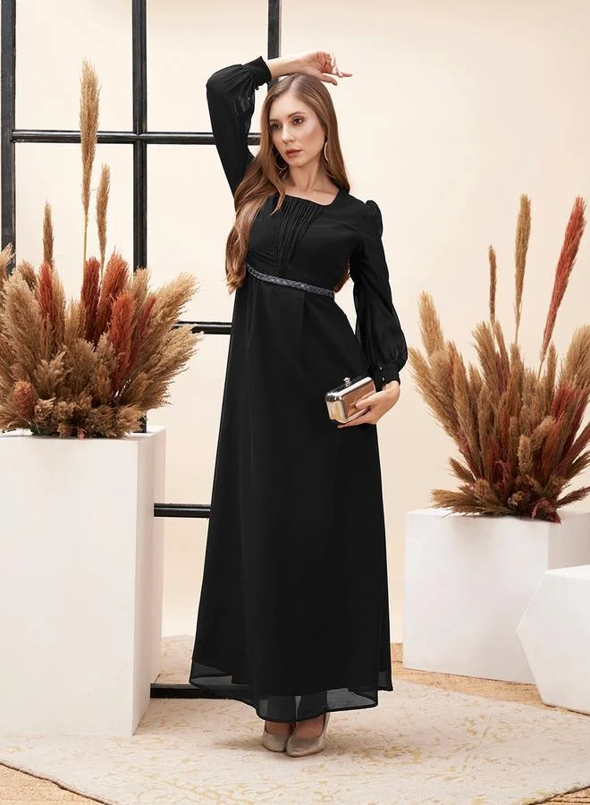 Mish Pleated Puff Sleeve A-Line Maxi Dress Black