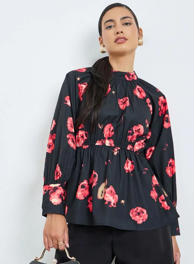 Floral Print Long Sleeve Blouse Black