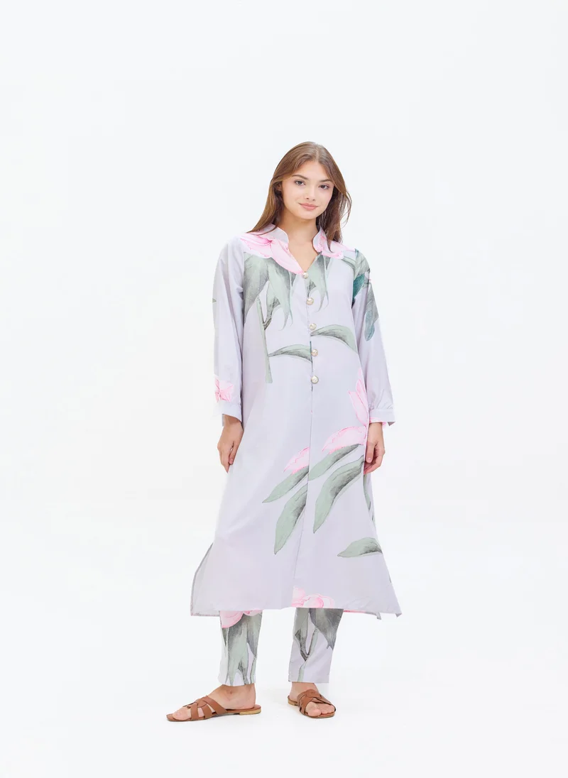 Lilac Floral Two Piece Suit Light Steel Blue