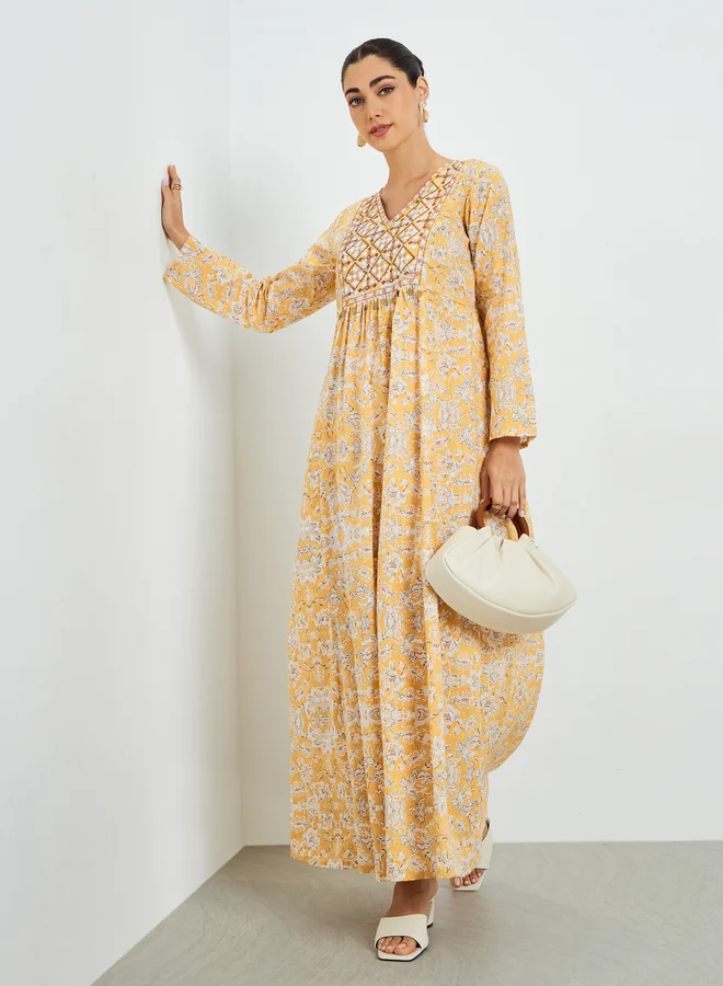 Floral Embroidered A-Line Jalabiya Yellow