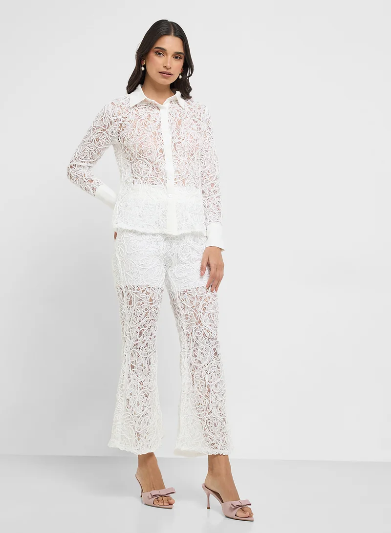 Crochet Button Down Shirt and Pant Set White