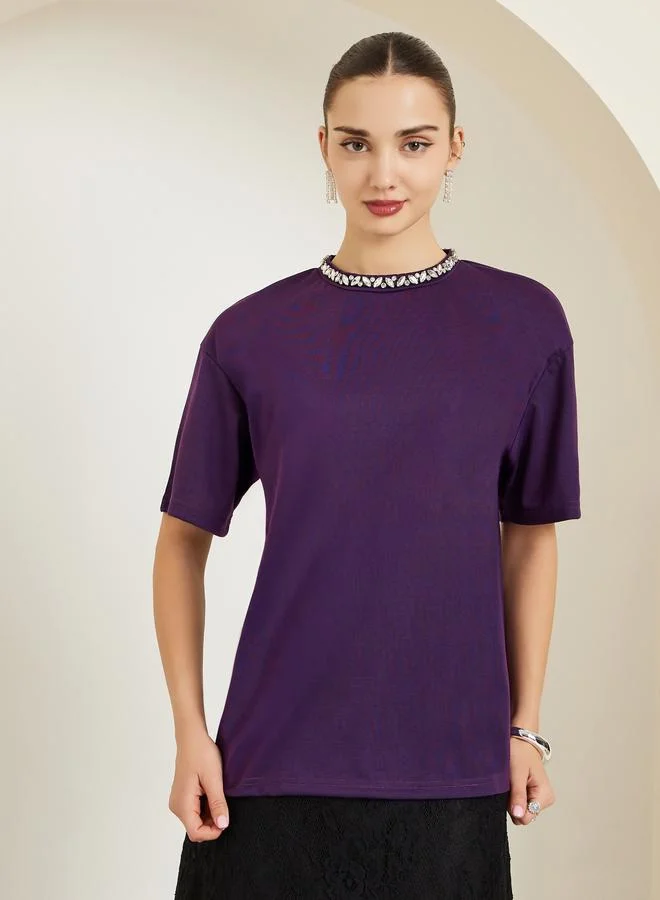 Embellished Neckline Oversized T-Shirt Purple
