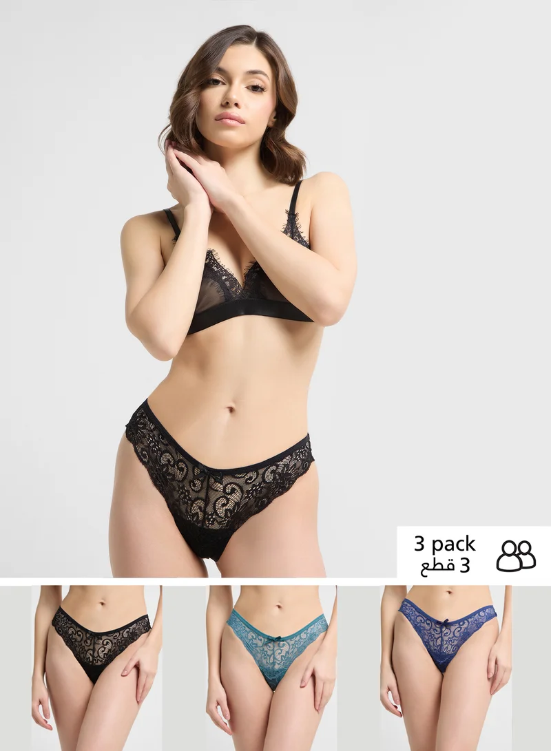 3-Pack Lace Thong Black