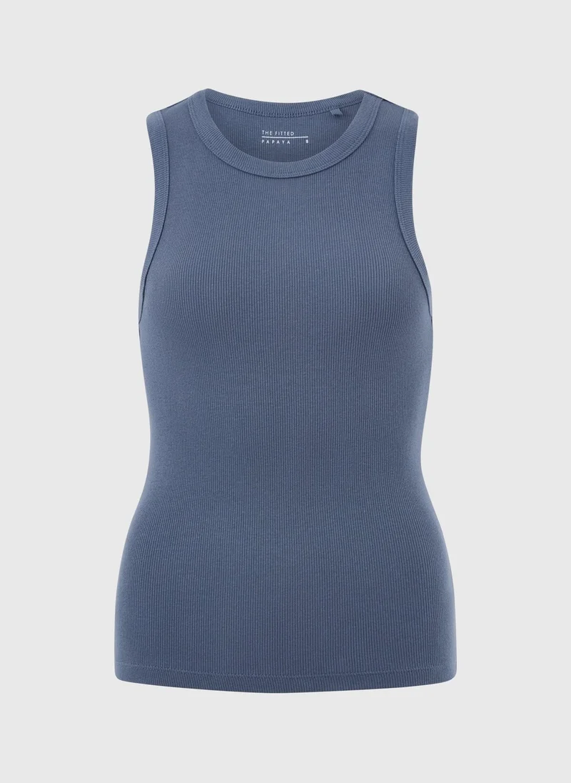 Slate Ribbed High Neck Vest Top Blue