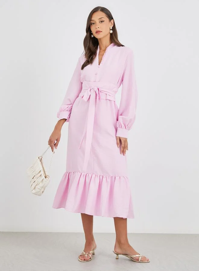 Women's Belted A-Line Midi Dress Light Pink