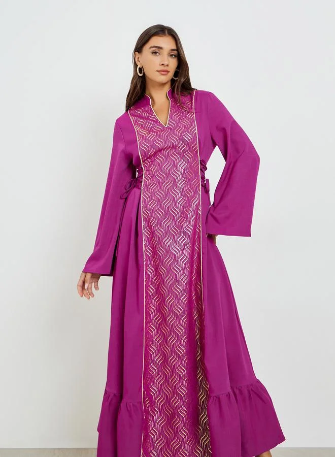 Foil Print Tie-Detail Maxi Dress Deep Magenta