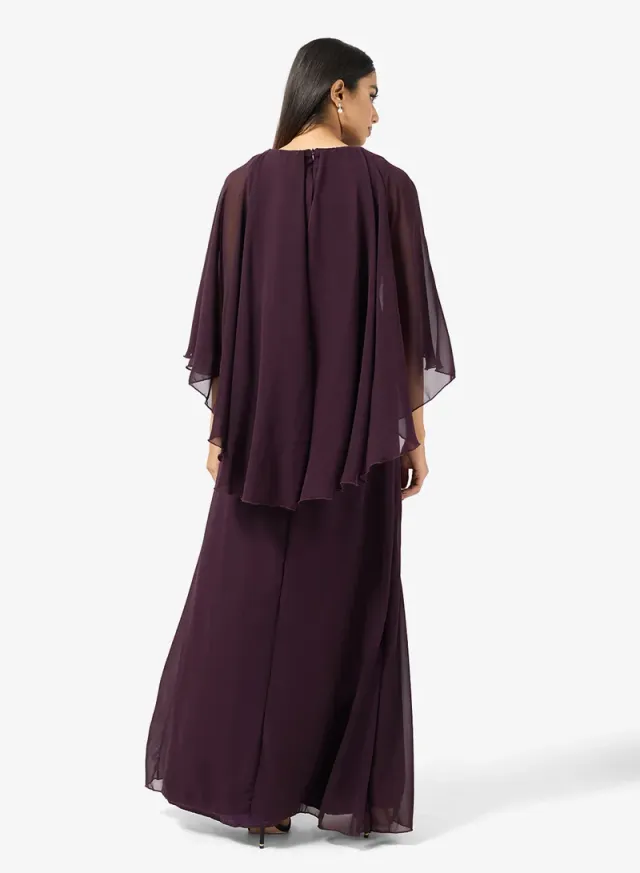 Plum Maxi Fit & Flare Dress with Cape and Embellishments – image 2