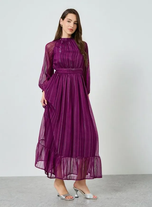 Textured Long Sleeve A-Line Maxi Dress Purple – image 4
