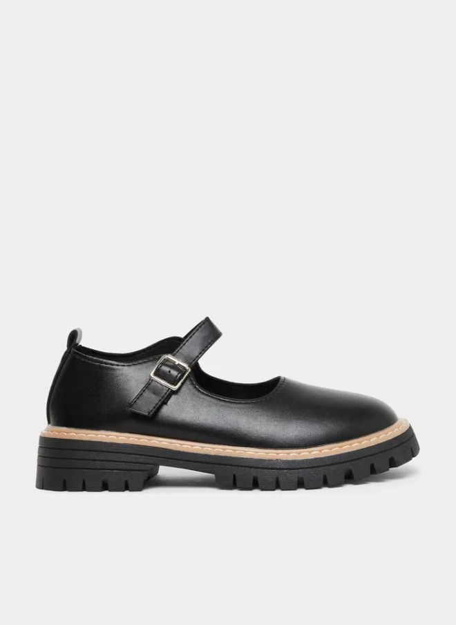 Color Block Metal Buckle Thick Sole Loafers Black