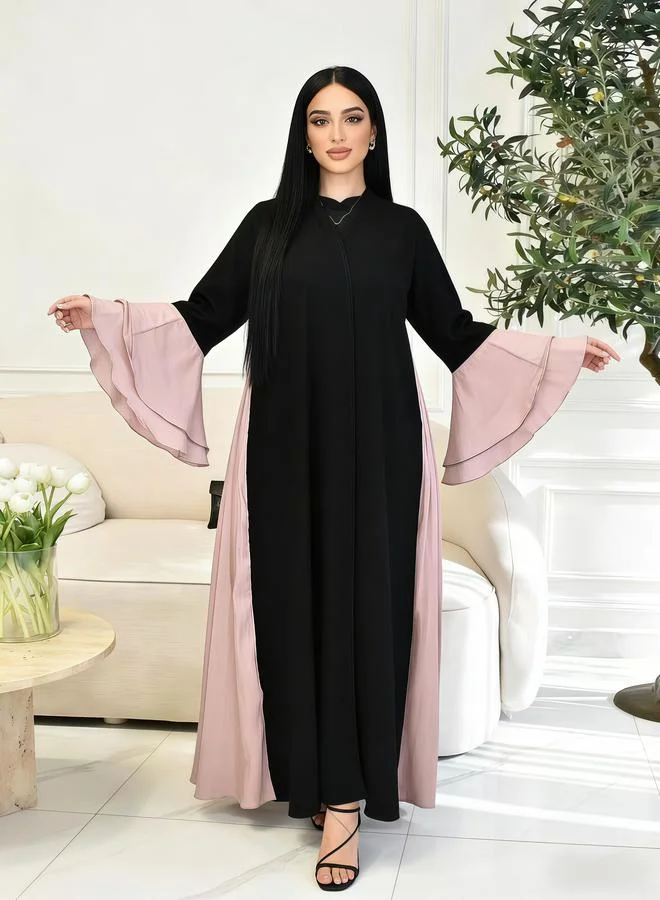 جلابية نسائية بنمط كتل الألوان وأكمام بكشكش بلون وردي