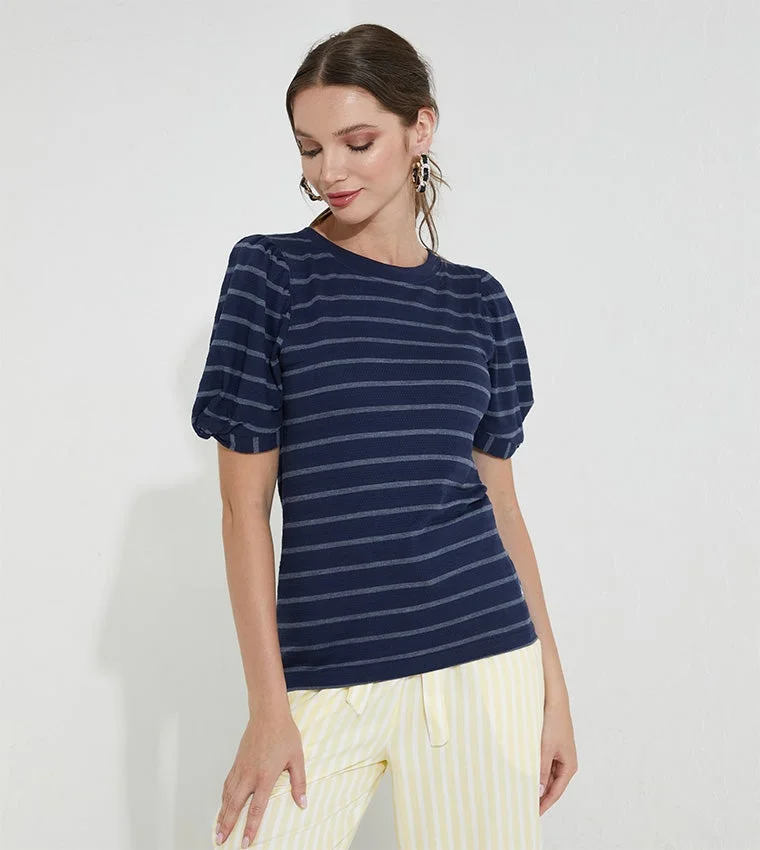Striped Puff Sleeve T-Shirt Midnight Blue