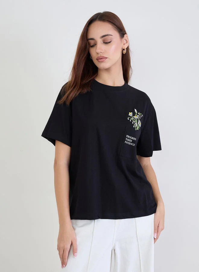 Styli Embroidered Floral Pocket T-Shirt Black