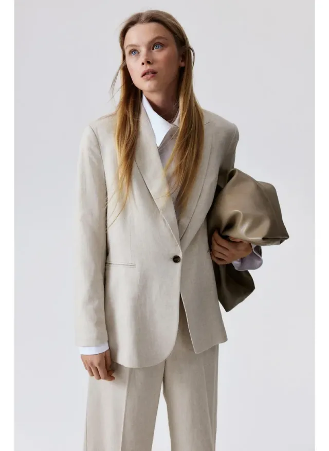 Beige Linen-Viscose Blazer for Women - Fitted V-Neck Single Button