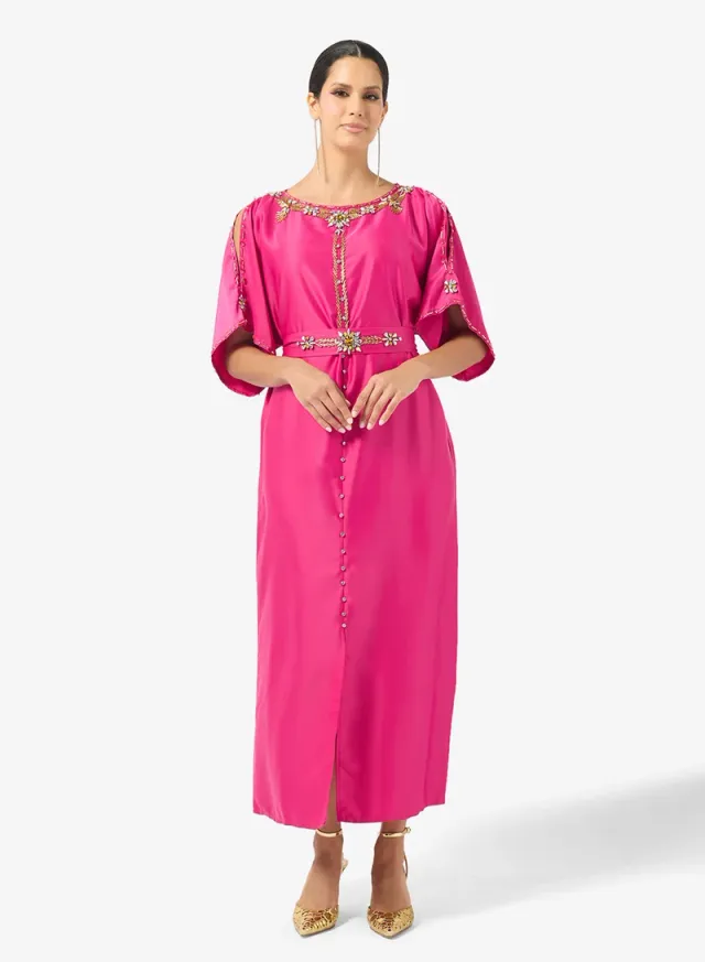 Hot Pink Maxi Fit & Flare Dress with Embellishments and Slit Sleeves – image 4
