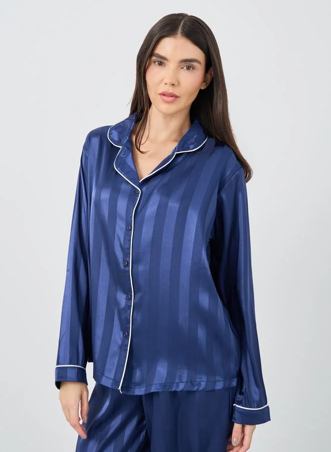 Styli Satin Jacquard Striped Pyjama Set Blue