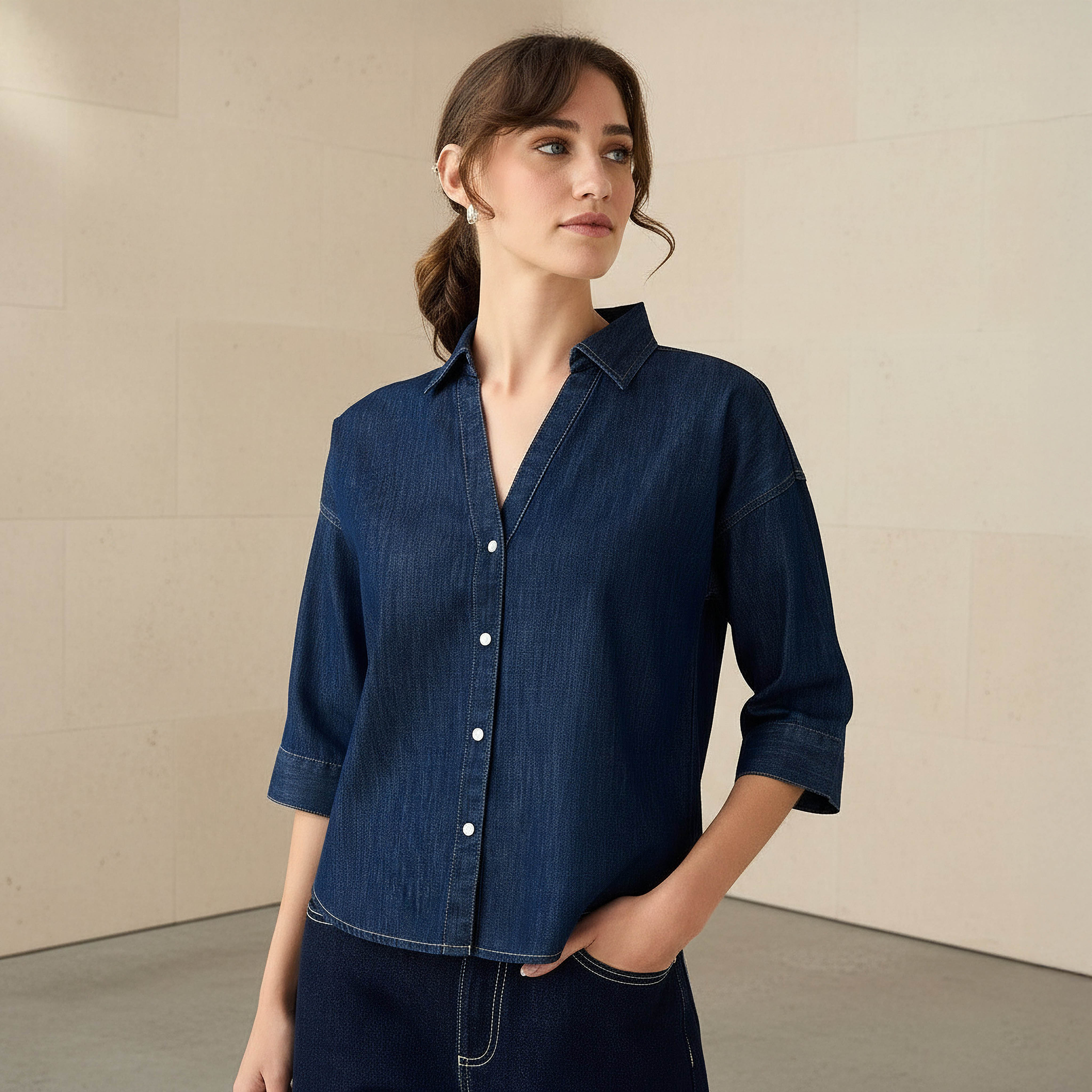 Regular Fit Drop Shoulder Collar Top Blue