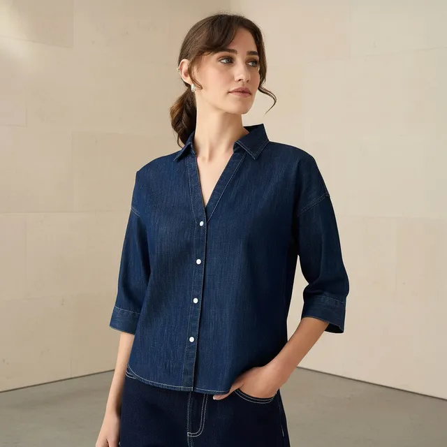 Regular Fit Drop Shoulder Collar Top Blue