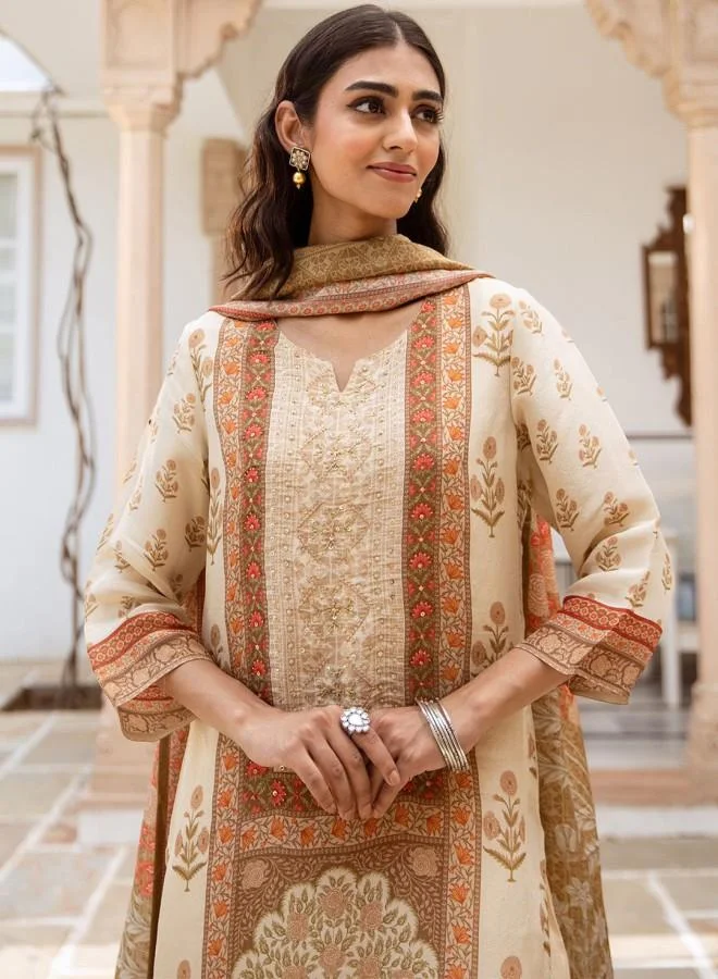 Women’s Embroidered Rayon Kurta Palazzo Set Cream
