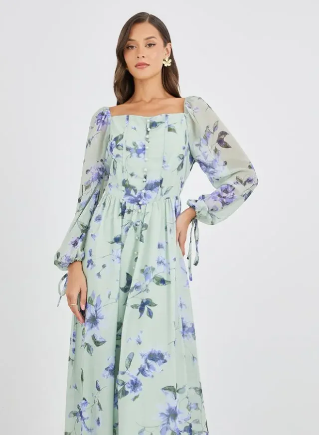 Mint Green Floral Chiffon Midi Dress with Square Neck and Long Sleeves – image 3