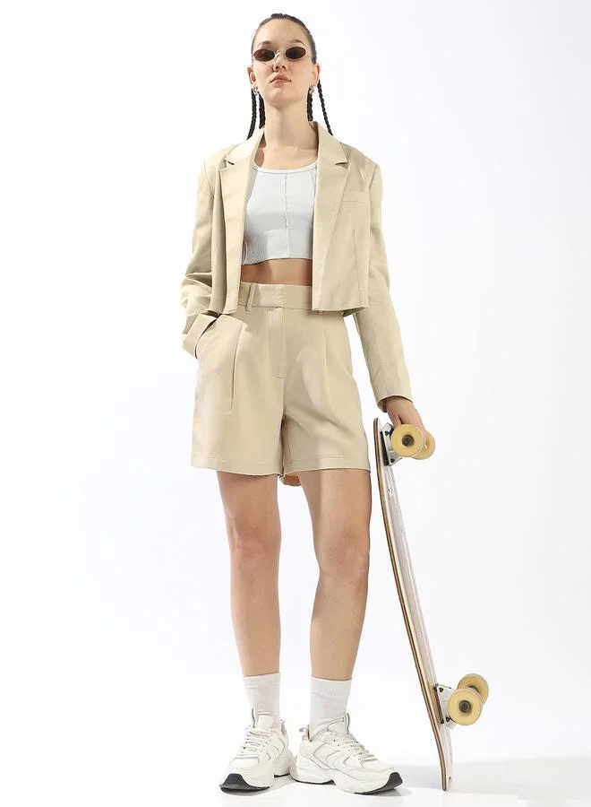 Women's Beige Polyester Blend Solid Cropped Casual Tailored Fit Shorts