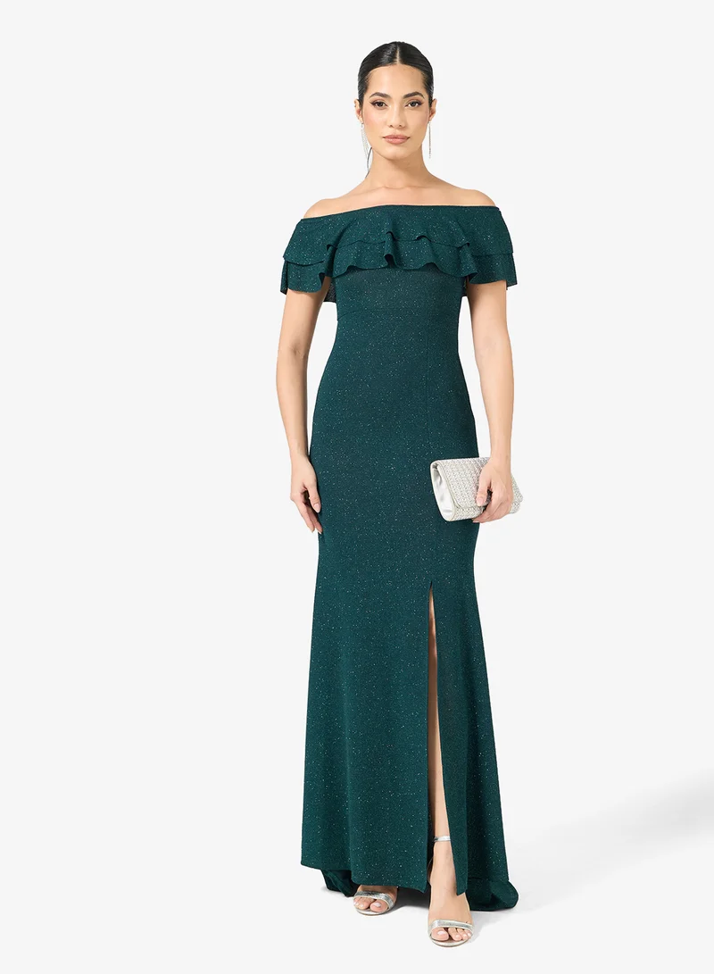 Off-Shoulder Shimmer Dress Dark Green