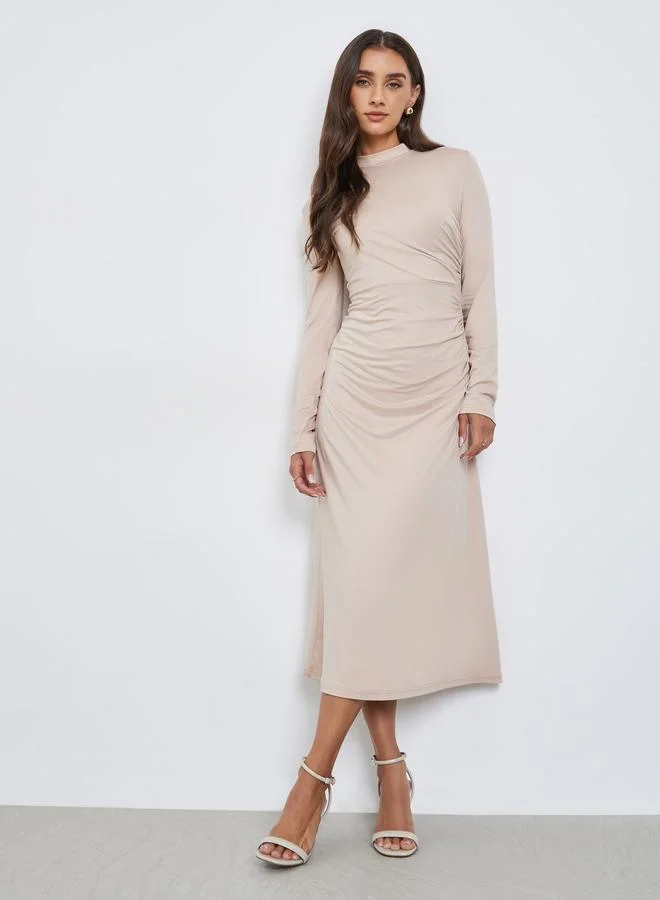 Long Sleeve Gathered Midi Dress Beige