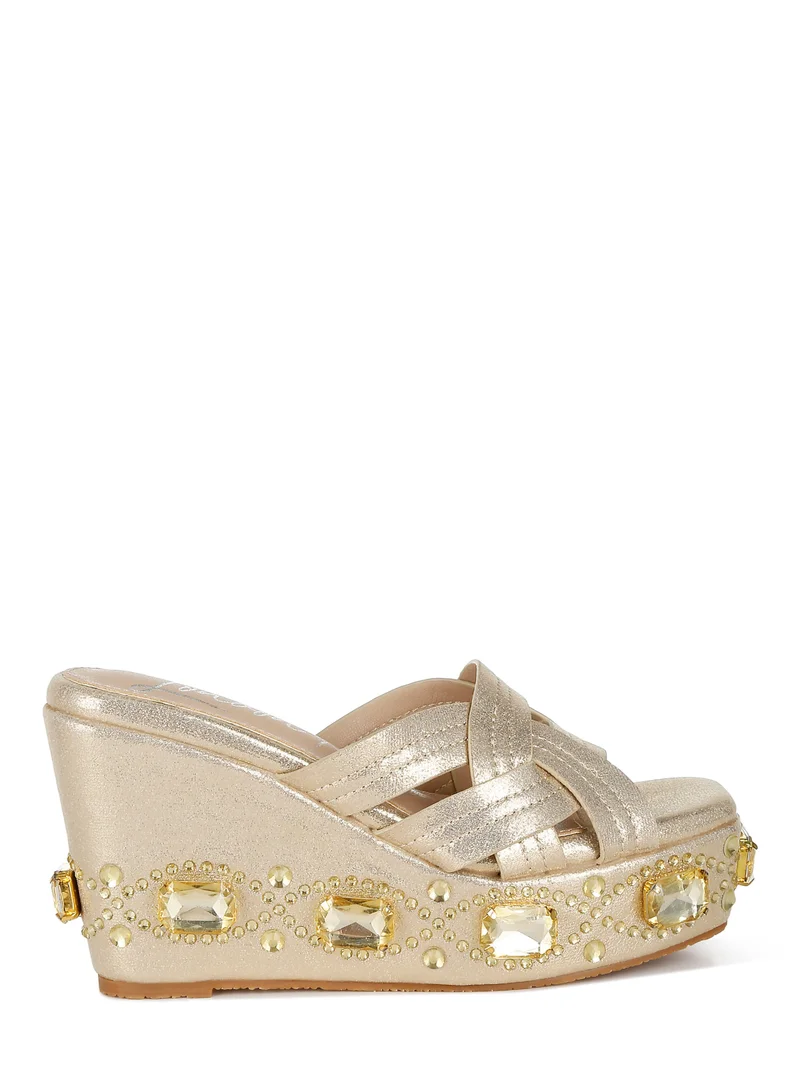 Chunky Rhinestone Cut-Out Sandals Pewter